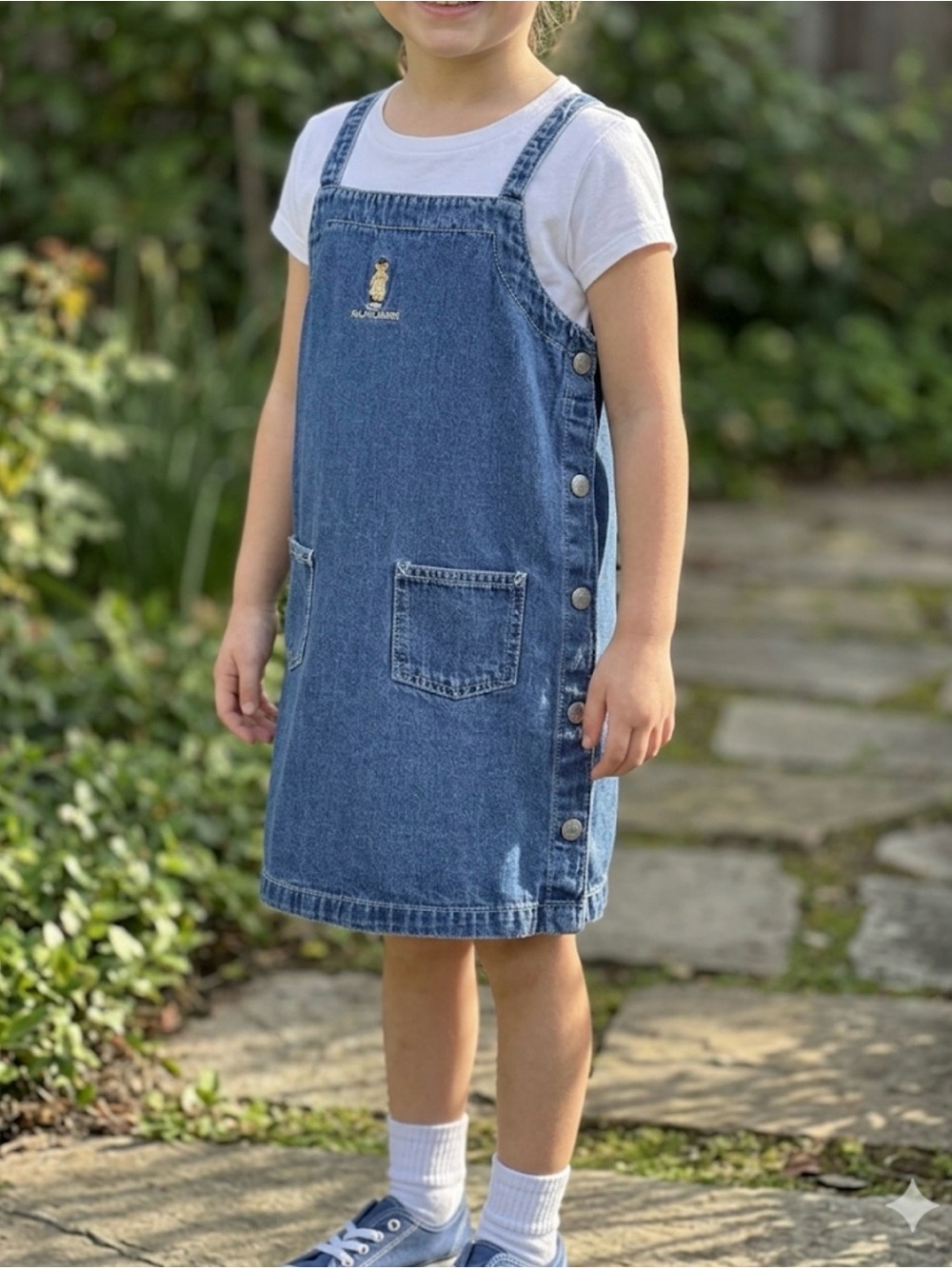 Vintage RALPH LAUREN Polo Teddy Bear Y2K Denim Jumper Dress Blue Jean